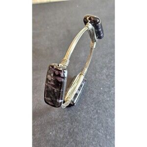 Handmade Indigo Gabbro Mystic Merlinite 3 Stone Wire Wrapped Cuff Bracelet